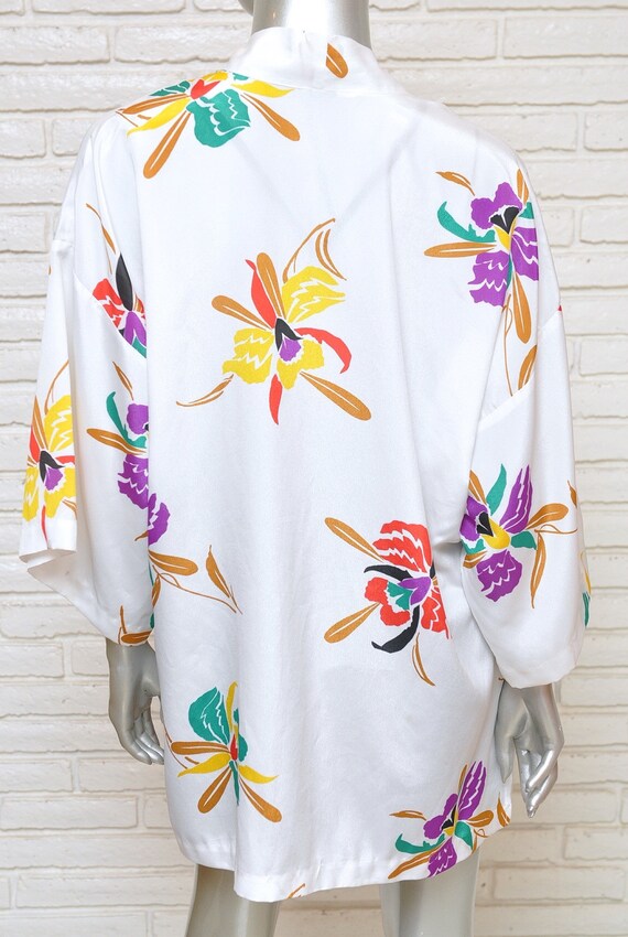 Vintage White Kimono Jacket with Orchid Floral Pr… - image 4