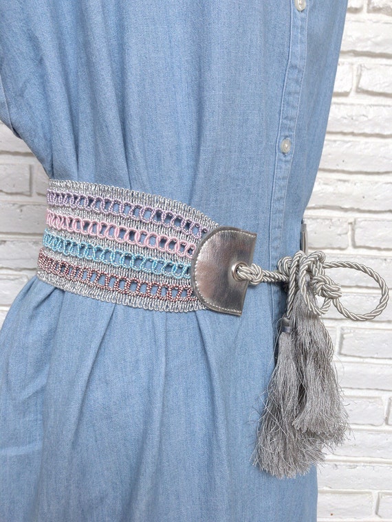 Vintage Silver Weaved Tassel Belt 80’s Wide Hip B… - image 8