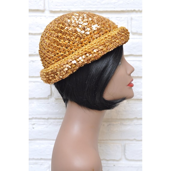 1970’s Gold Sequins Womens Hat Stretchy Beanie Sku