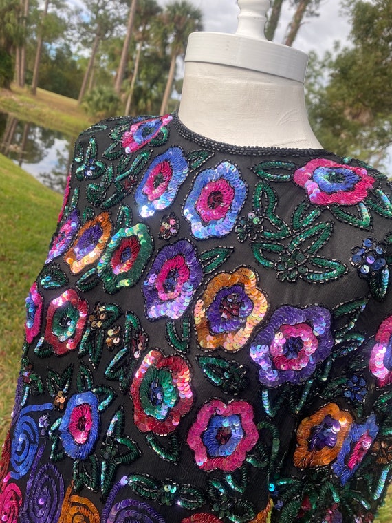 Vintage Sequins Blouse Floral Beaded Shirt Black … - image 6