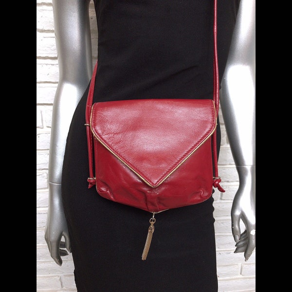 Vintage Red Leather Purse with Gold Tassel and Trim Small Womens Shoulder Bag Purse