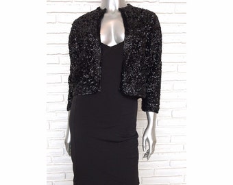 1960's Black Sequins Cardigan Sweater Size Medium Pin Up Girl Rockabilly Womens Party Top