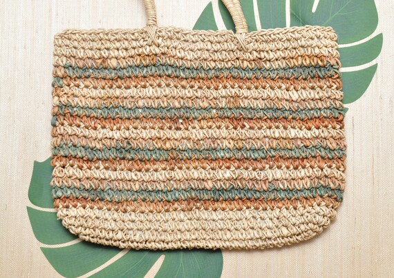 Vintage Beige Straw Market Bag Weaved Bohemian Su… - image 3
