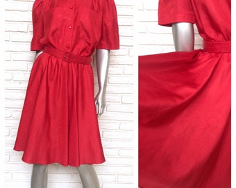 Vintage Leslie Fay Red Day Dress Belted Swing Shift Dress M