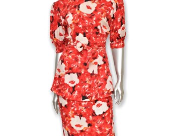 Vintage Red Silk Women’s Skirt Suit Floral Print Skirt