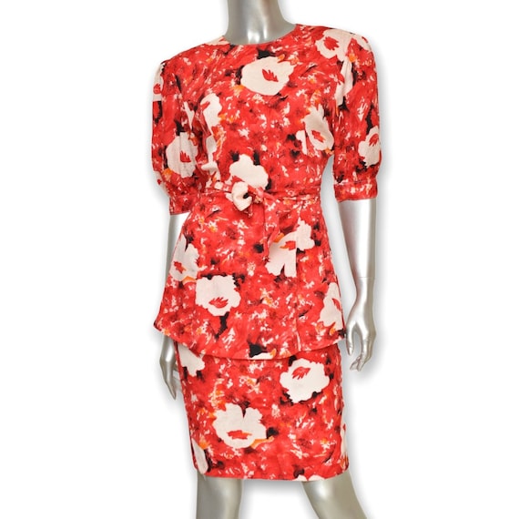 Vintage Red Silk Women’s Skirt Suit Floral Print … - image 1