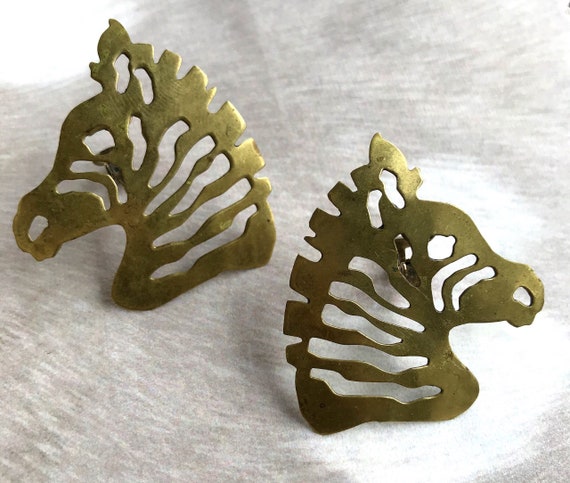 Vintage Brass Zebra Clip On Earrings Signed Anima… - image 8