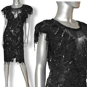 Vintage Laurence Kazar Black Beaded Dress Sheer Sweet Heart Neck Knee Length Sequins Party Gown 8 image 1