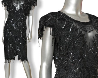 Vintage Laurence Kazar Black Beaded Dress Sheer Sweet Heart Neck Knee Length Sequins Party Gown 8