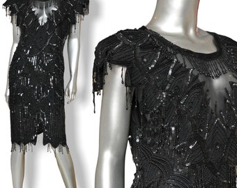 Robe De Cocktail Vintage Laurence Kazar, Taille M, Noire En Soie Avec Perles Et Paillettes - Occasion Bon état