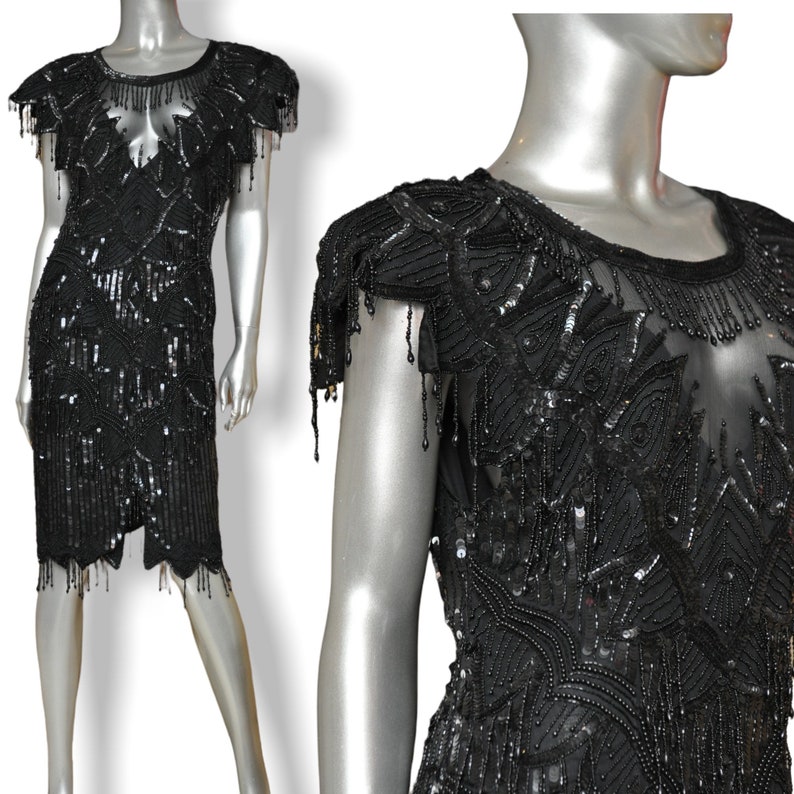 Vintage Laurence Kazar Black Beaded Dress Sheer Sweet Heart Neck Knee Length Sequins Party Gown 8 image 1