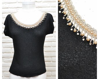 60’s Black Knit Blouse with Pearl and Rhinestone Neck Trim