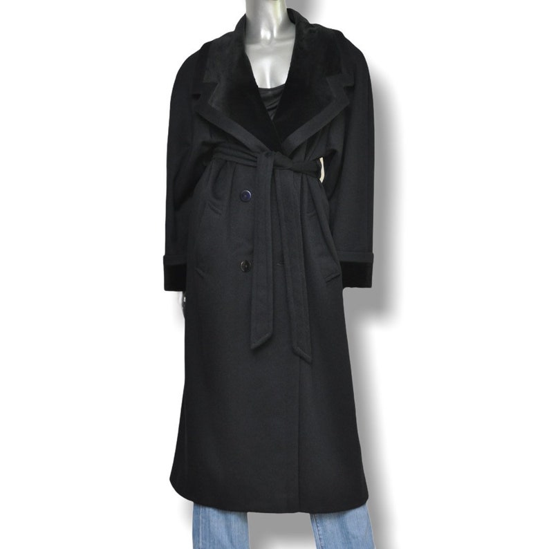 Vintage Womens Black Wool and Velvet Long Belted Winter Coat Size M image 2