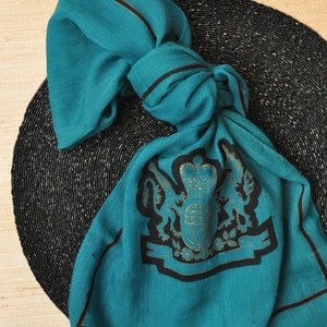 Vintage Oscar De La Renta Blue Green Wool Scarf with Lion and Unicorn Royal Crest image 4