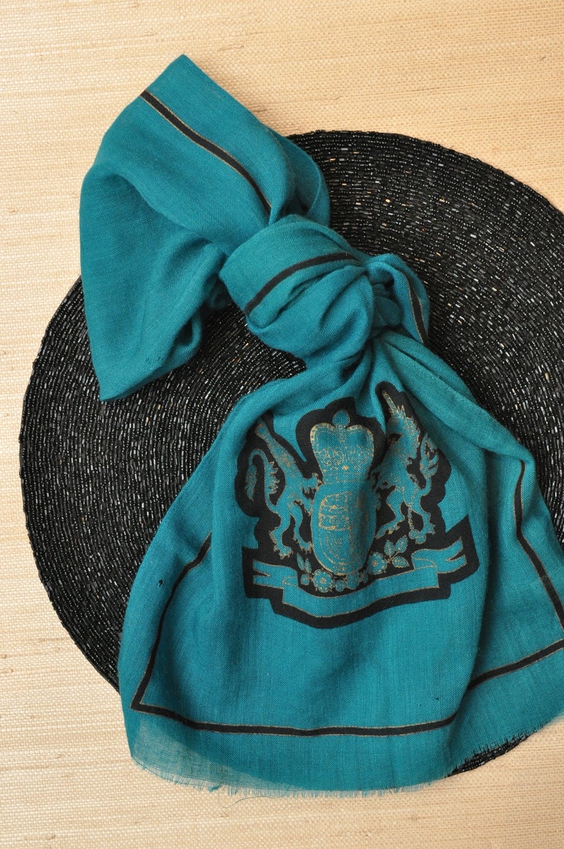 Vintage Oscar De La Renta Blue Green Wool Scarf with Lion and Unicorn Royal Crest image 4