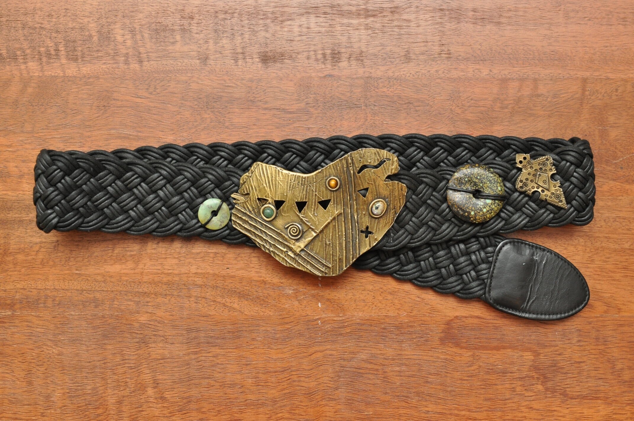 Black Leather Women’s Belt with Antique Brass Braided Buckle XS Vintage Black Braided Adjustable Leather Belt Golden Solid  main image 4