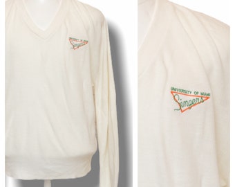 Vintage Cream University of Miami Singers V Neck Sweater Unisex Size Large 70’s Collegiate Choir