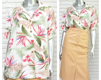 Vintage Women’s Hawaiian Print Shirt Birds of Paradise Floral Print Short Sleeve Blouse 1X Rayon