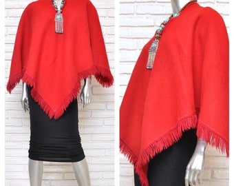 Women's Burnt Red Wool Blend Blanket Poncho Cape OSFA Hippie Boho Winter Shawl Pullover Jacket