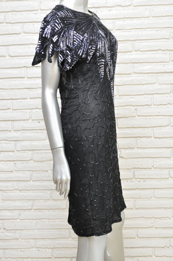 Vintage Black Silver Silk Beaded Dress Size Small… - image 4