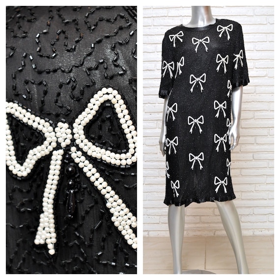 Vintage Black Silk Beaded Dress with Pearl Bows Pl