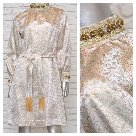Vintage Gold Lame Mod Mini Dress Trees and Bird Pr