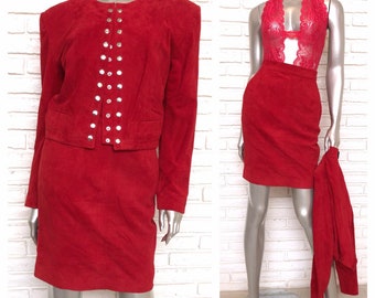 Vintage Women's Red Suede Two Piece Skirt Suit with Silver Studs