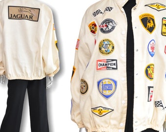 Vintage Jacket with Sports Car Patches Unisex Linen Race Cars Bomber