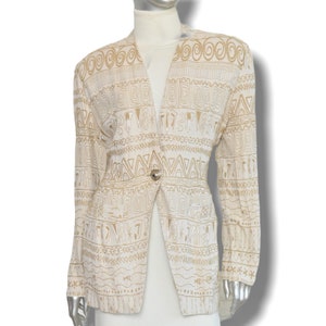 Vintage 80s Cream One Button Tailored Long Fit Blazer Jacket with Gold Tone Graphic Print by Rina Rossi m 8 image 6