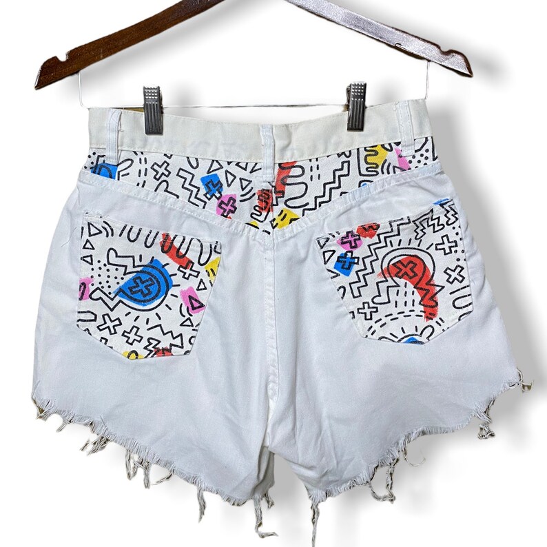 Vintage White Cut Off High Waisted Jean Shorts with Graphic 80's Print Graffiti Streetwear Booty Shorts 28” waist 