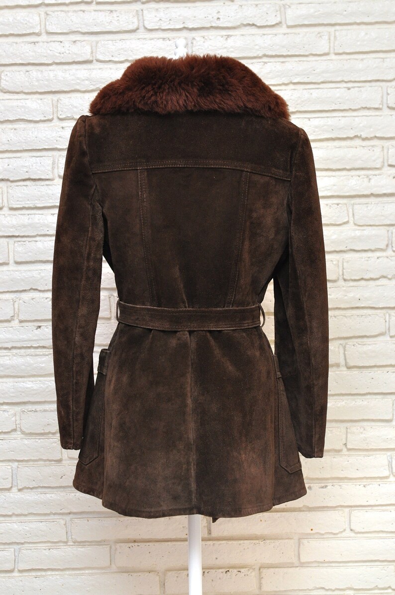 Vintage Women\u2019s Brown Suede Belted Shearling Coat Heavy Winter Jacket M