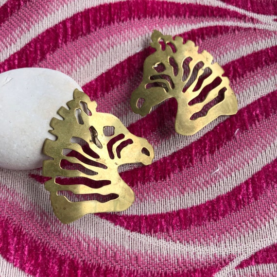 Vintage Brass Zebra Clip On Earrings Signed Anima… - image 2