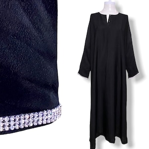 Vintage Black Kaftan Dress with Rhinestone Trim Size Medium Full Length Long Sleeve Tunic Dress image 1