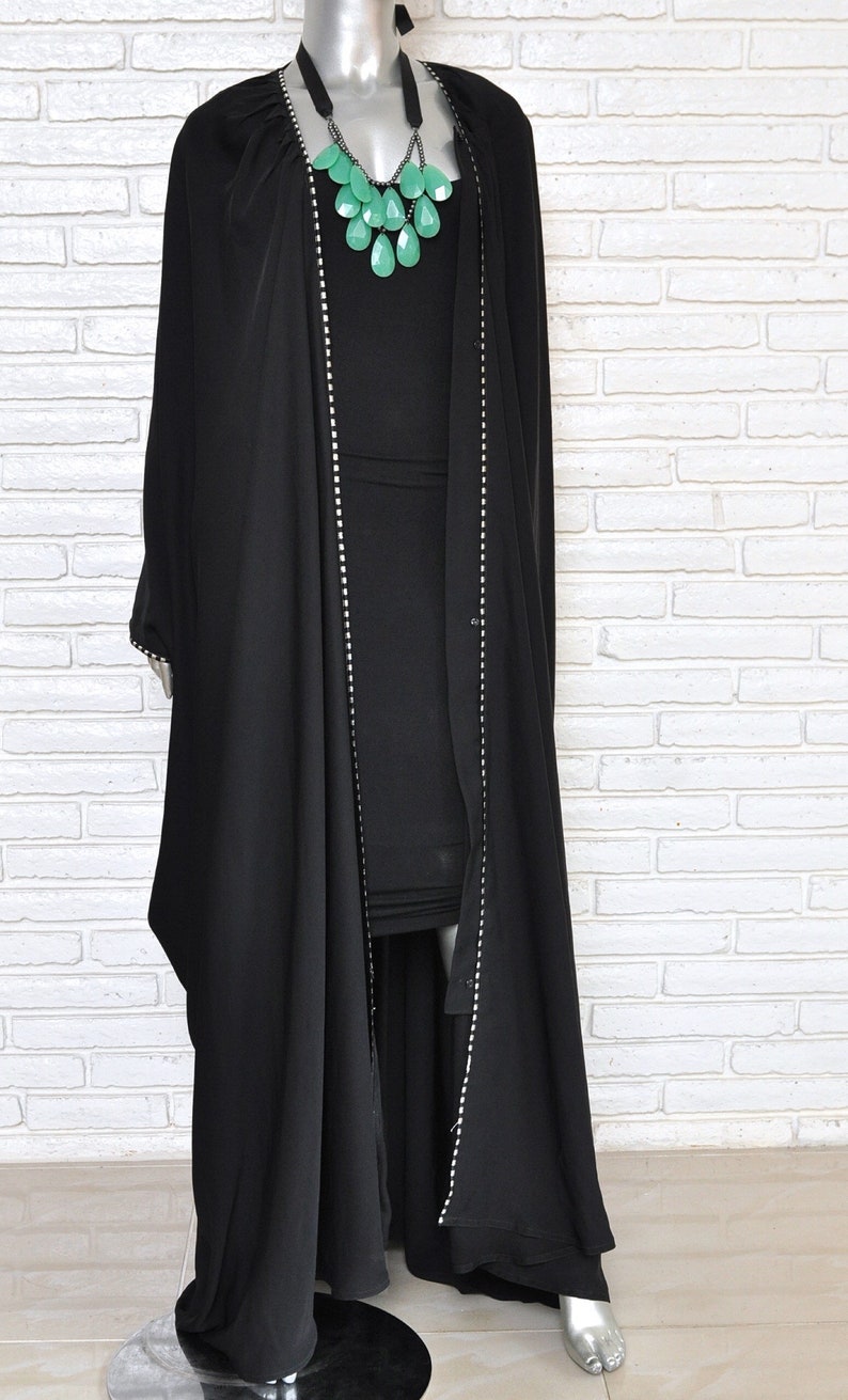 Vintage Unisex Black Duster Full Length Leisure Wear Kaftan Robe OSFA