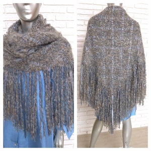 Vintage 70's Large Knit Wrap Shawl with Fringe Gray Blue Plaid Weave Winter Cape Scarf Poncho