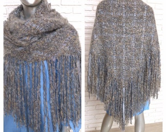 Vintage 70's Large Knit Wrap Shawl with Fringe Gray Blue Plaid Weave Winter Cape Scarf Poncho