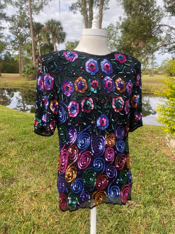 Vintage Sequins Blouse Floral Beaded Shirt Black … - image 1