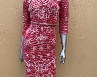 Vintage Dress Gene Shelly Boutique Pink Sequin Beaded Knit Fitted Wool Small