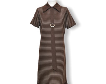 Vintage Mod Short Sleeve Dress with Brown and White Stripes M 60’s/70’s