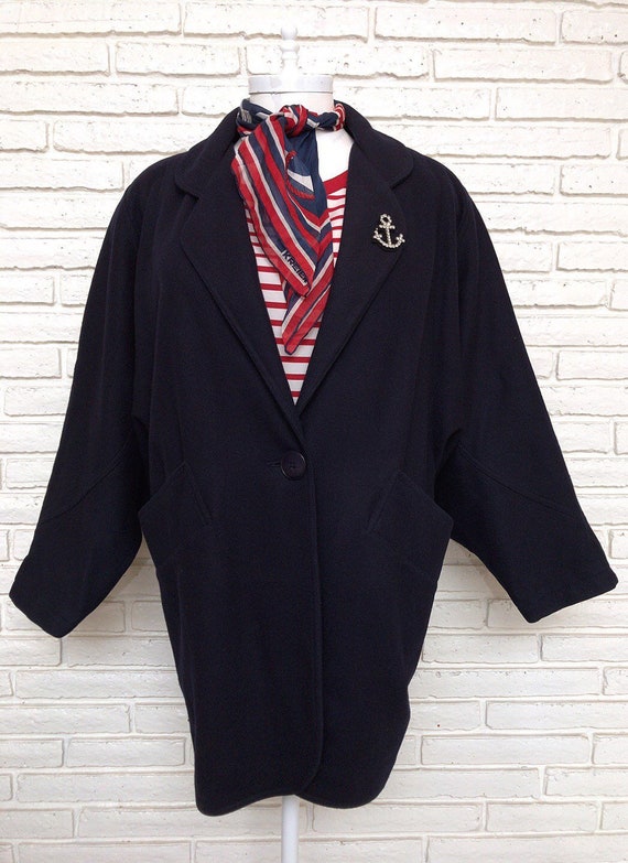 Womens Vintage Navy Blue Wool Jacket Size XL Overs
