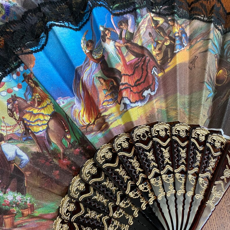Vintage Flamenco Fans Set of two Folding Fan with Lace Trim image 2