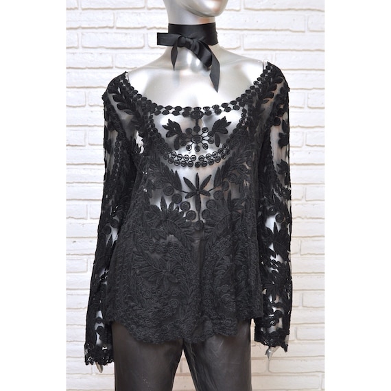 70’s Sheer Black Embroidered Tunic Blouse Boho Wom