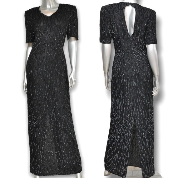 Vintage Black 100% Silk Sequins Floor Length Gown… - image 1