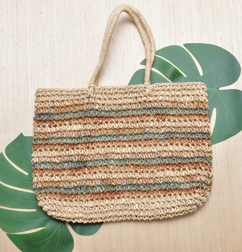 Vintage Beige Straw Market Bag Weaved Bohemian Summer Tote Purse image 5