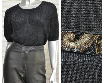 Vintage Christine Phillips Black Metallic Shiny Scoop Neck Knit Sweater Made in California Size L