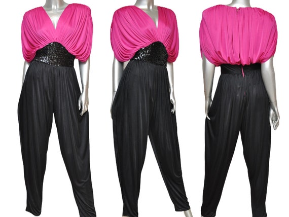 70’s Pink and Black Jumpsuit Harem Pants Rouched S