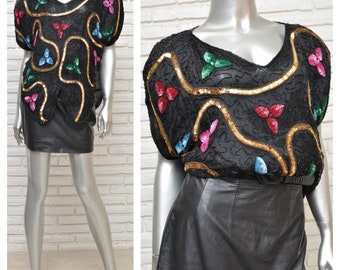 Vintage Black Sequins and Beaded Silk Blouse Size Medium Women’s Party Top M