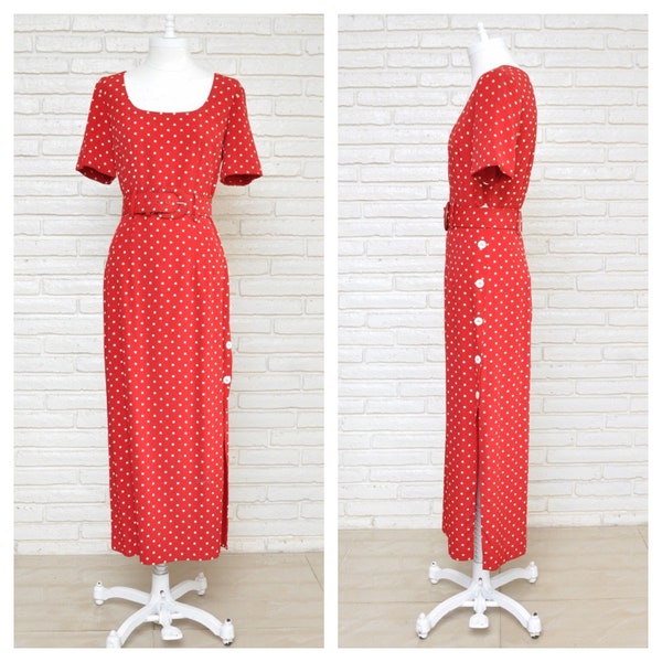 Vintage Red and White Polka Dot Midi Pencil Dress Size 6 Pinup Style Sailor Dress