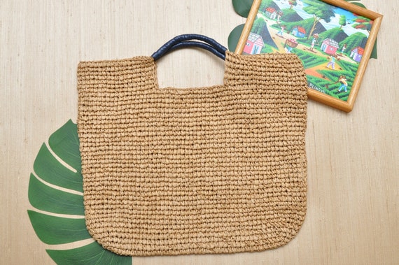 90’s Paper Straw Market Bag Beige Weaved Summer B… - image 1