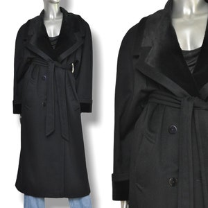 Vintage Womens Black Wool and Velvet Long Belted Winter Coat Size M image 6